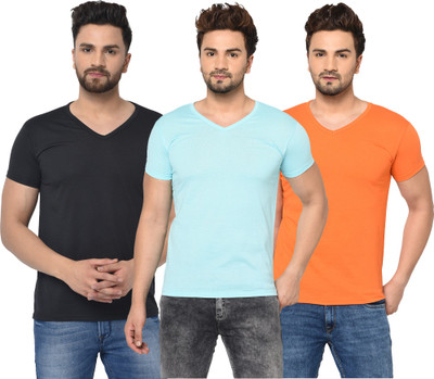 Jangoboy Solid Men V Neck Blue, Black, Orange T-Shirt