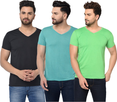 Adorbs Self Design Men V Neck Light Blue, Black, Light Green T-Shirt