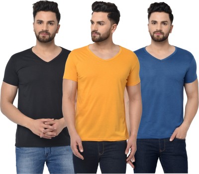 Jangoboy Solid Men V Neck Blue, Black, Yellow T-Shirt