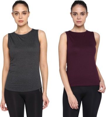 Ap'pulse Solid Women Round Neck Maroon, Grey T-Shirt