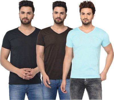 Unite Wear Solid Men V Neck Light Blue, Brown, Black T-Shirt