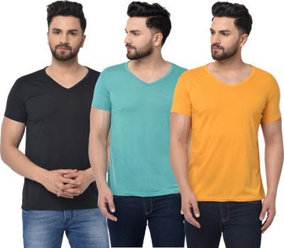 Jaskart Solid Men V Neck Light Blue, Black, Yellow T-Shirt