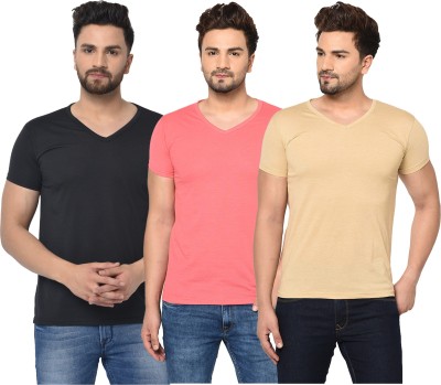 Unite Wear Solid Men V Neck Black, Pink, Beige T-Shirt