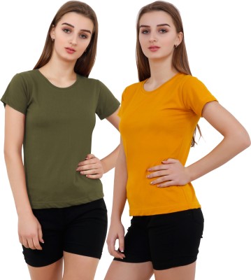 Reifica Solid Women Round Neck Dark Green, Yellow T-Shirt