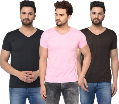 Jaskart Solid Men V Neck Brown, Black, Pink T-Shirt