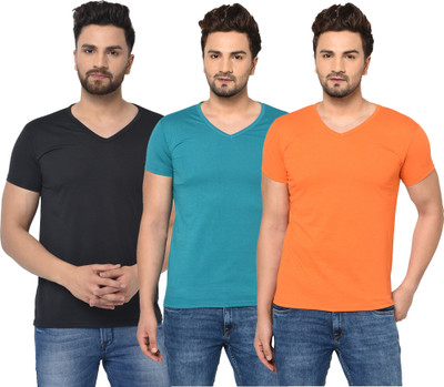 Jangoboy Solid Men V Neck Blue, Black, Orange T-Shirt