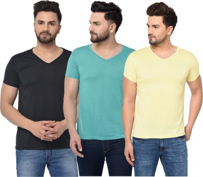 Jaskart Solid Men V Neck Blue, Black, Yellow T-Shirt