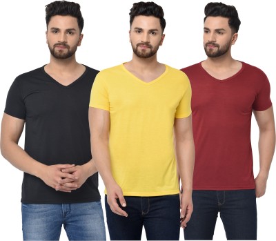 Jangoboy Solid Men V Neck Maroon, Black, Yellow T-Shirt