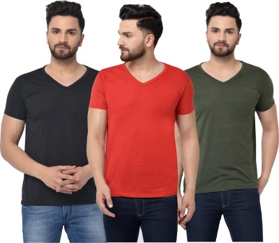 Jaskart Solid Men V Neck Red, Green, Black T-Shirt