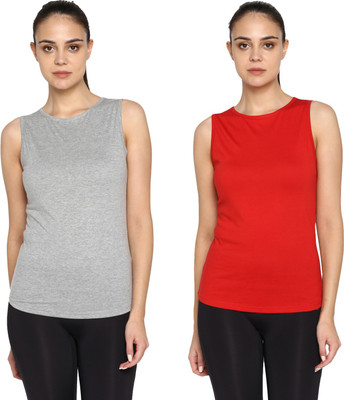 Ap'pulse Solid Women Round Neck Red, Grey T-Shirt