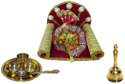 Stylewell Combo Of Multicolor Fancy ( 1 No Size ) Laddu Gopal /Thakur Ji With Singhasan, Bhoj Thali Set And Round Head Puja Bell Brass(Gold)