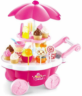 TUKAMCHA Sweet Shopping Battery Operated Ice Cream Trolley Set for Kids with LED Lights and Music (Multicolor) -39 Piece