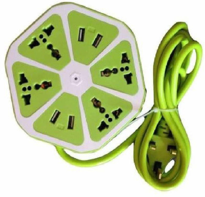 G2L Extension Board 4 USB Ports 1M Cable Multi Switched Socket Hexagon 4  Socket Extension Boards(Green, 1 m, With USB Port)