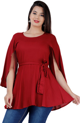 Fab Star Party Cap Sleeve Solid Women Maroon Top