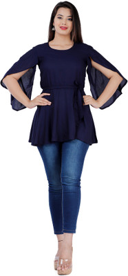 Fab Star Party Cap Sleeve Solid Women Blue Top