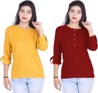 Sirtex Eazy Casual Roll-up Sleeve Solid Women Maroon, Yellow Top