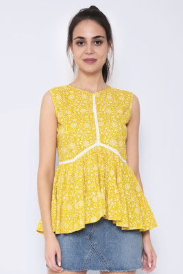 God Bless Casual Sleeveless Printed Women Yellow Top