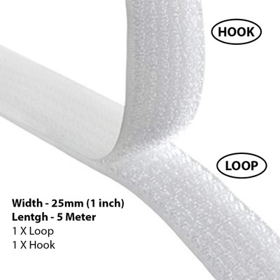 Cryonics India Velcro 5 m Hook + 5 m Loop Fastening Stick Grip tape roll strips Used in Sofas Backs, Footwear, Pillow Covers, Bags, Purses, Curtains etc. (5Meter White) Sew-on Velcro(White)