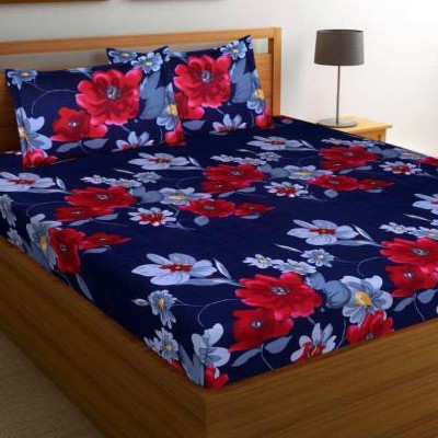 Twinkle Star's 204 TC Microfiber Double Floral Flat Bedsheet(Pack of 1, Blue)