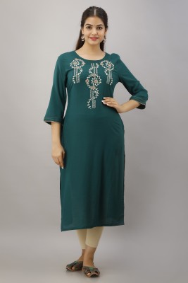 Shagunas Women Embroidered Straight Kurta(Green)