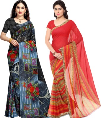 Anand Printed Daily Wear Georgette Saree(Pack of 2, Red, Blue, Grey)