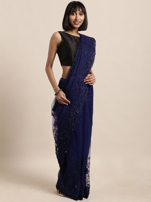 Shadow & Saining Embroidered Bollywood Net Saree(Blue)