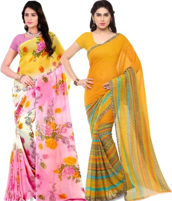 kashvi sarees Printed Daily Wear Georgette Saree(Pack of 2, White, Pink, Yellow)