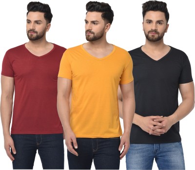 Jaskart Solid Men V Neck Maroon, Black, Yellow T-Shirt