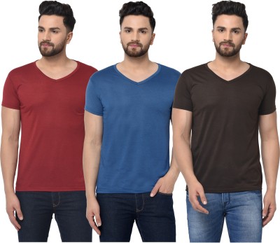 Jangoboy Solid Men V Neck Dark Blue, Brown, Maroon T-Shirt