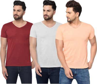 Bribzy Solid Men V Neck Maroon, Orange, Grey T-Shirt
