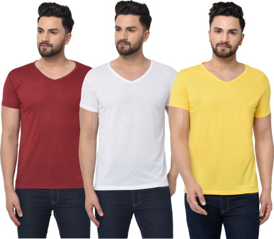 Unite Wear Self Design Men V Neck White, Maroon, Yellow T-Shirt