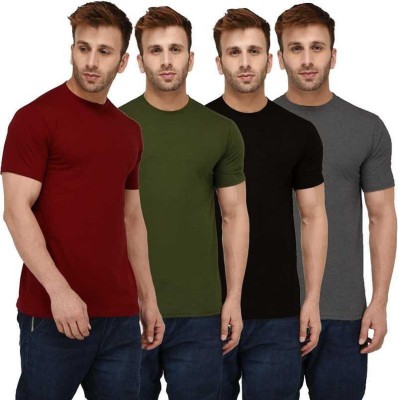 Phrill Solid Men Round Neck Dark Green, Maroon, Black, Grey T-Shirt