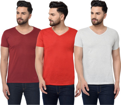 Jangoboy Solid Men V Neck Red, Maroon, Grey T-Shirt