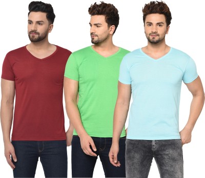 Bribzy Solid Men V Neck Light Blue, Green, Maroon T-Shirt