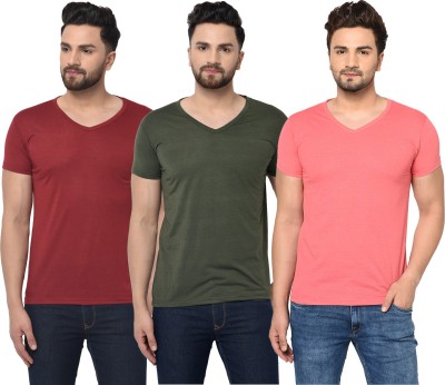 Jaskart Solid Men V Neck Dark Green, Maroon, Pink T-Shirt