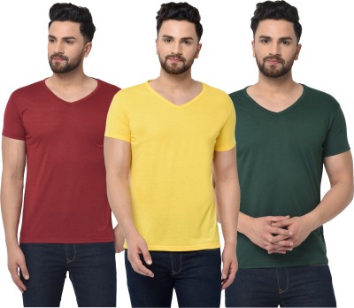 Jaskart Solid Men V Neck Dark Green, Maroon, Yellow T-Shirt