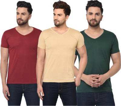 Bribzy Solid Men V Neck Dark Green, Maroon, Beige T-Shirt