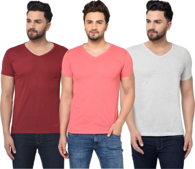 Bribzy Solid Men V Neck Maroon, Pink, Grey T-Shirt