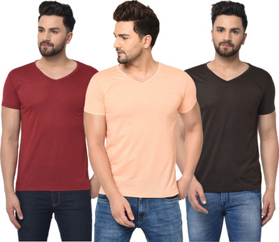 Adorbs Solid Men V Neck Maroon, Brown, Orange T-Shirt