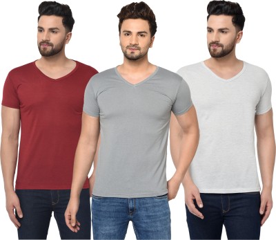 Jaskart Solid Men V Neck Red, Grey T-Shirt