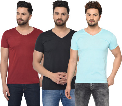 Adorbs Solid Men V Neck Light Blue, Red, Black T-Shirt
