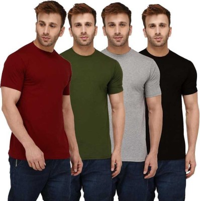 Phrill Solid Men Round Neck Dark Green, Maroon, Black, Grey T-Shirt