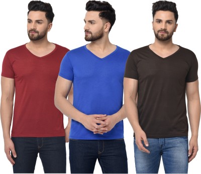 Jaskart Solid Men V Neck Blue, Maroon, Brown T-Shirt