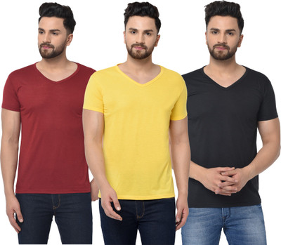 Adorbs Self Design Men V Neck Maroon, Black, Yellow T-Shirt