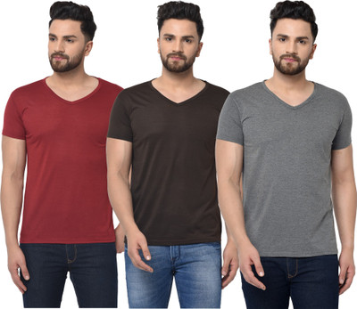 Bribzy Solid Men V Neck Maroon, Black, Grey T-Shirt