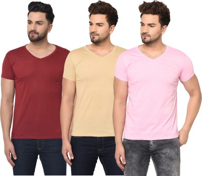 Jangoboy Solid Men V Neck Maroon, Pink, Beige T-Shirt