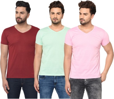 Bribzy Solid Men V Neck Maroon, Pink, Light Green T-Shirt