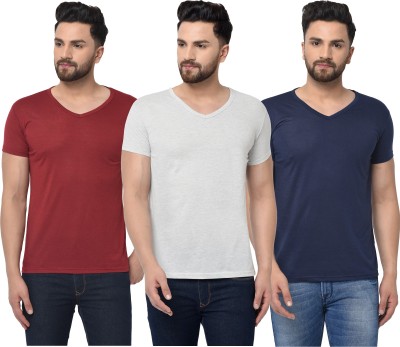 Jaskart Solid Men V Neck Dark Blue, Maroon, Grey T-Shirt