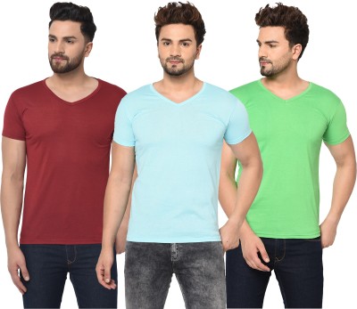 Bribzy Solid Men V Neck Green, Maroon, Blue T-Shirt