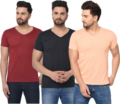 Jaskart Solid Men V Neck Maroon, Black, Orange T-Shirt